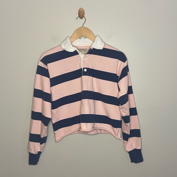 Abercrombie & Fitch Pink Navy Striped Rugby Cloth Cropped Y2K Shirt - Picture 2 of 9